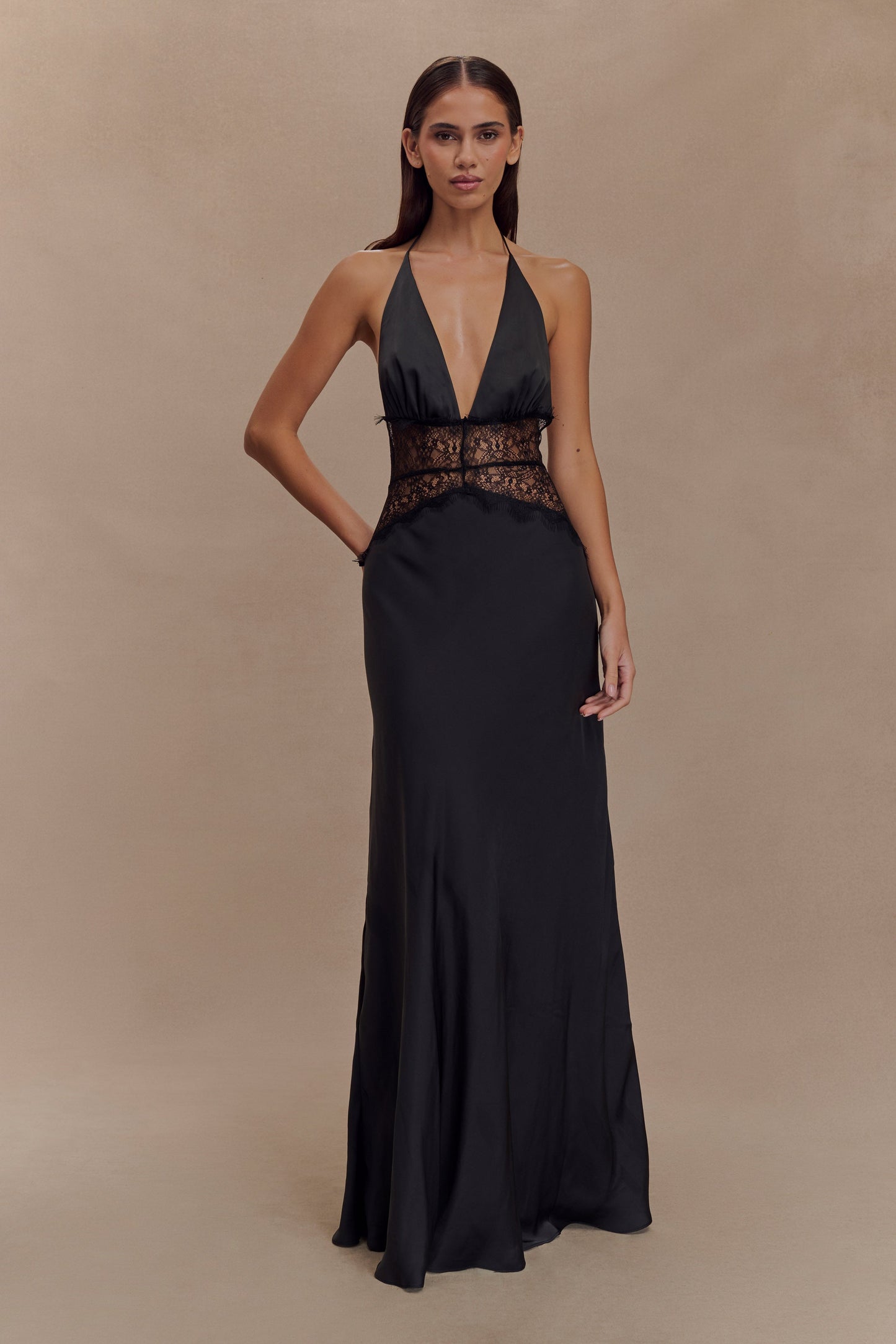 Mayreen | Black Halter Neck Lace Satin Dress