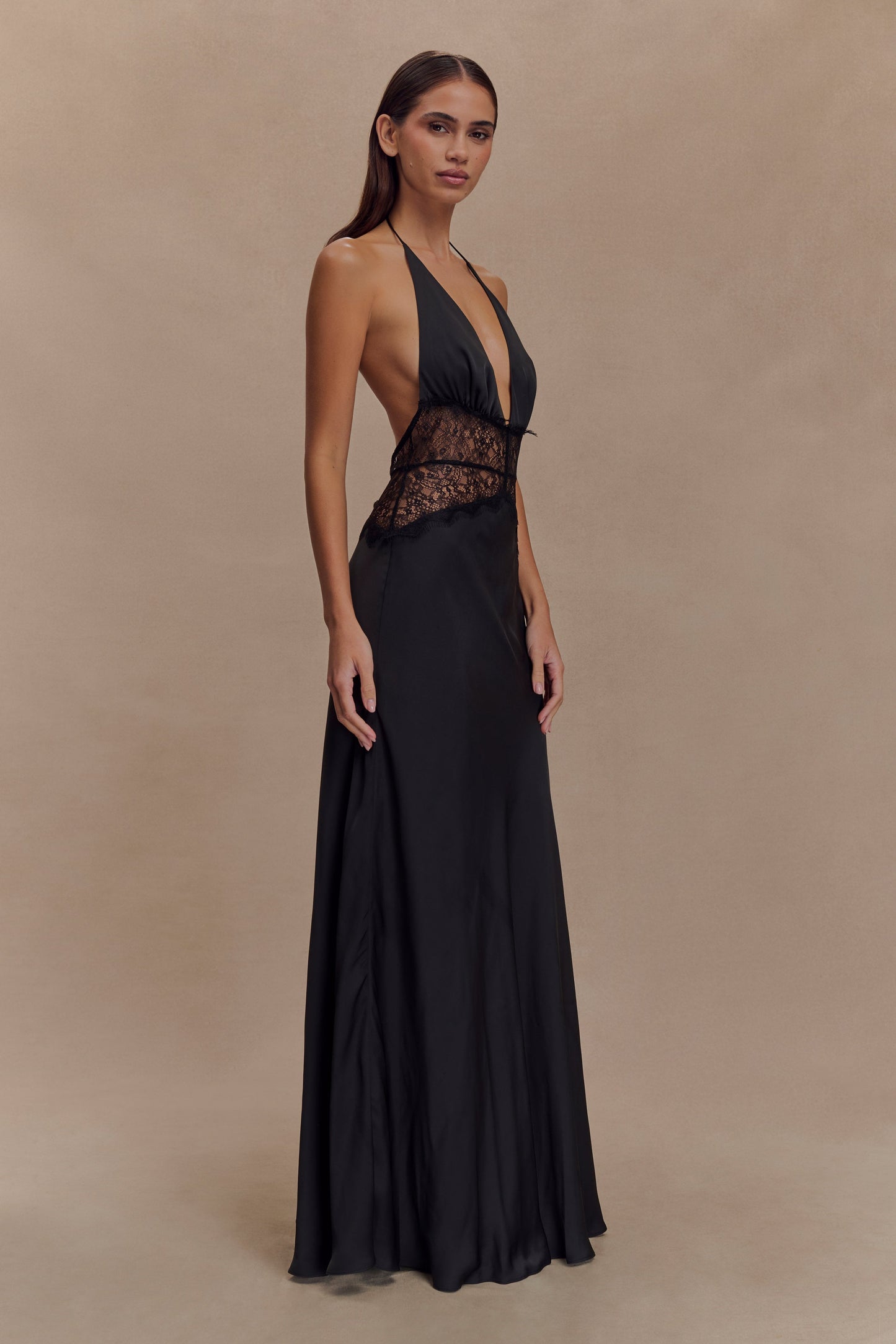 Mayreen | Black Halter Neck Lace Satin Dress