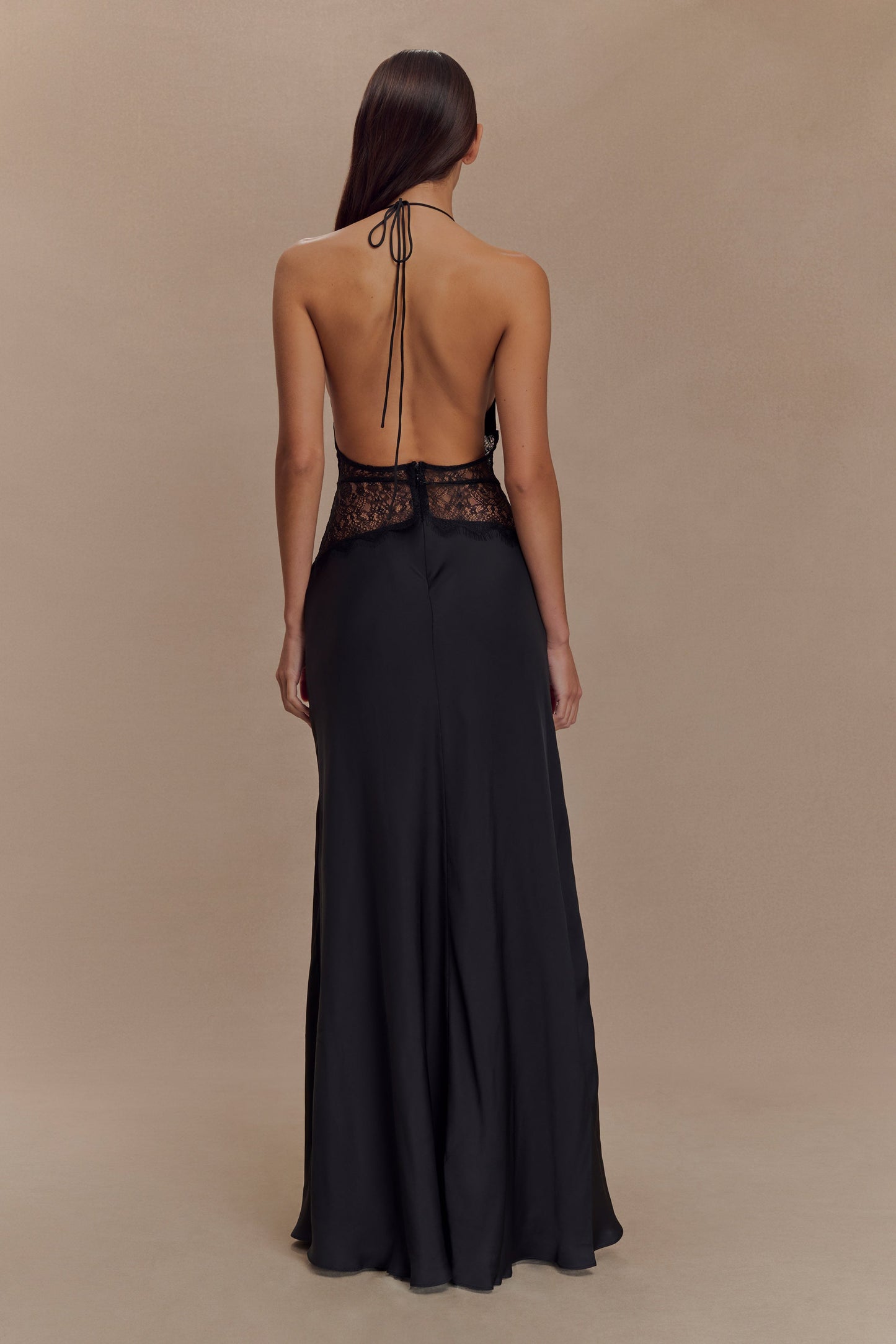 Mayreen | Black Halter Neck Lace Satin Dress