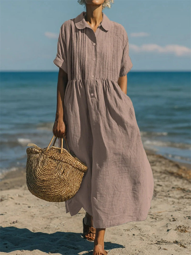 Janny - Short Sleeve Loose Midi Shirt Dress