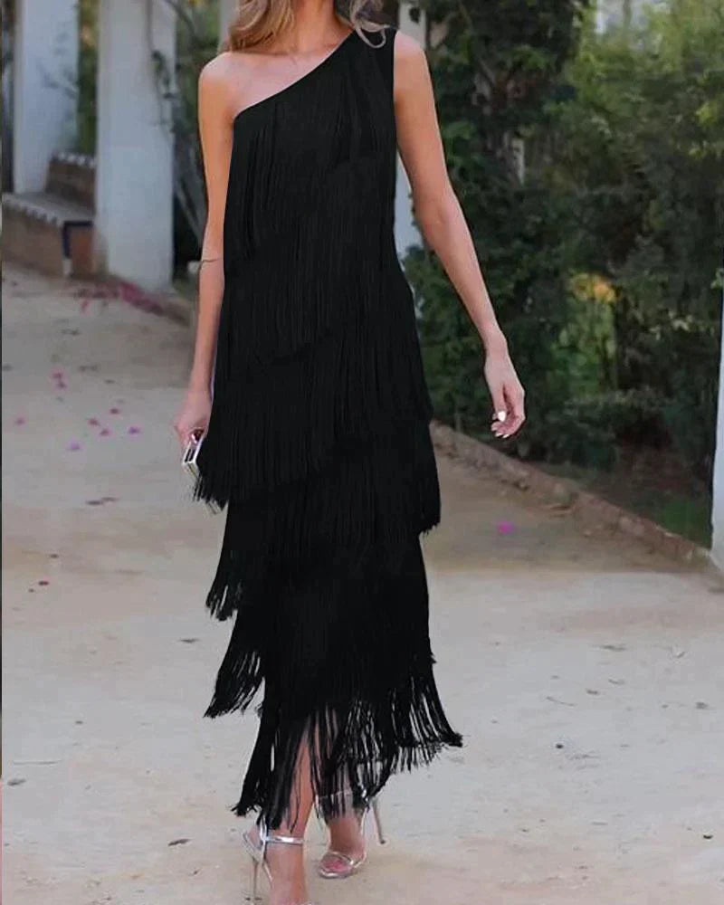 Tamira | One Shoulder Fringe Midi Dress
