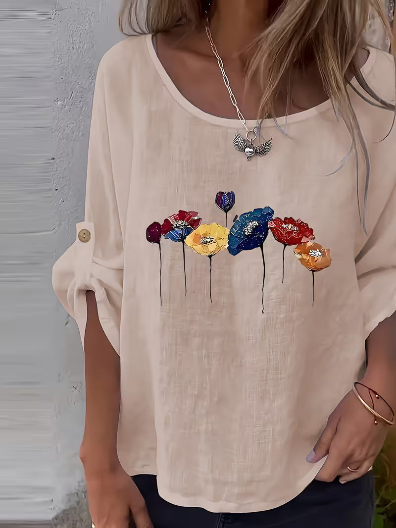 Soleelis | Floral Print Roll-Tab Sleeve Top