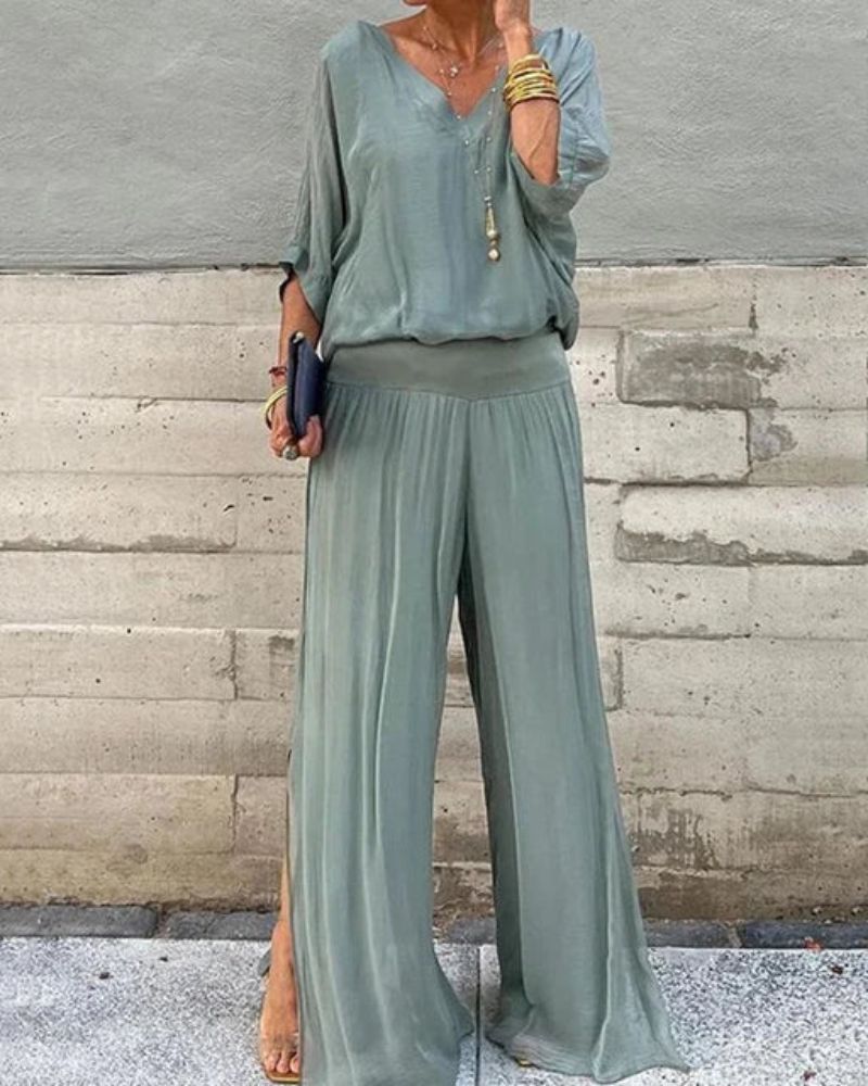 Anfisa | V Neck Wide Leg Two Piece Set