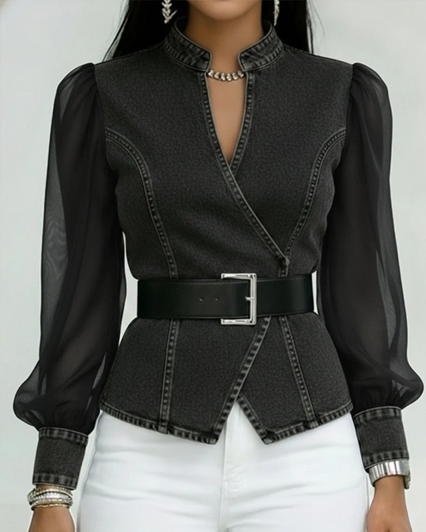 Vessa | Denim-Style Sheer Sleeve Blouse