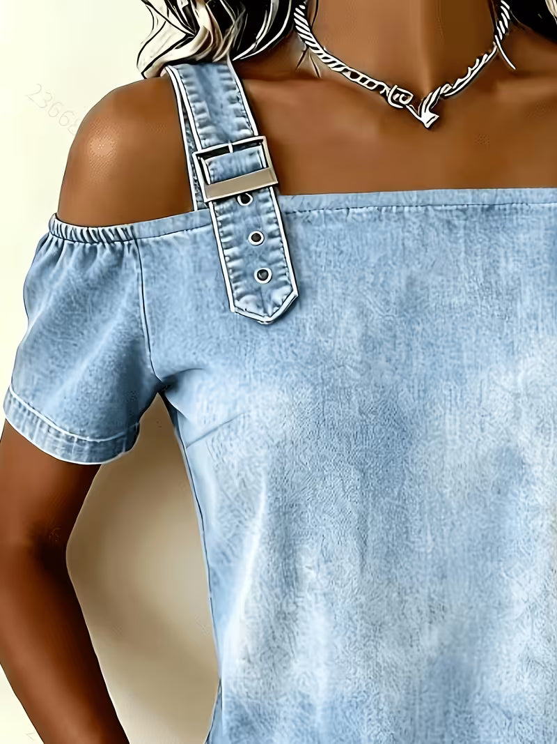 Kenya - Denim Off Shoulder Buckle Strap Top