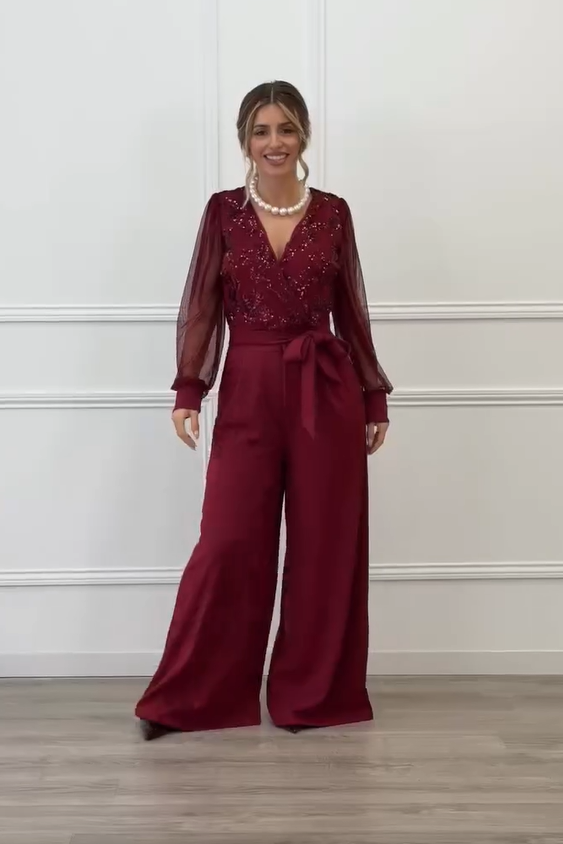 Meira - Embellished Mesh Sleeve Wide Leg Jumpsuit