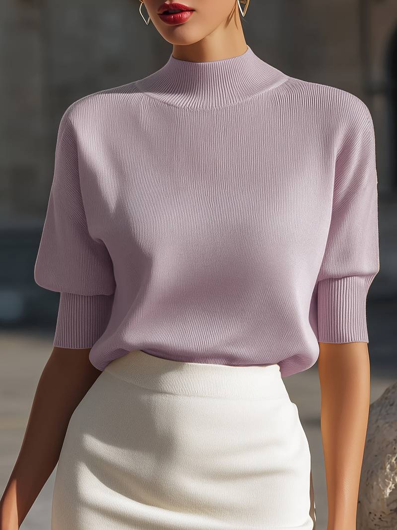 Jenni | Mock Neck Ribbed Short Sleeve Knit Top