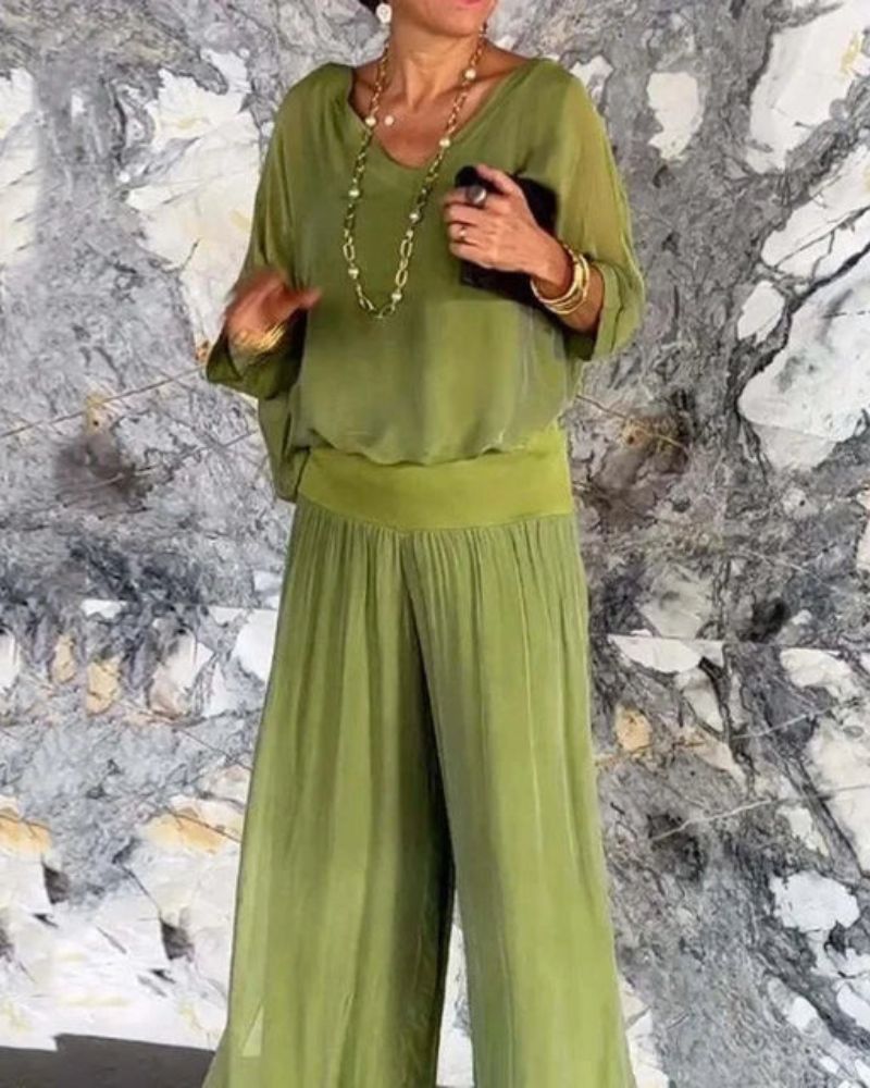 Anfisa | V Neck Wide Leg Two Piece Set
