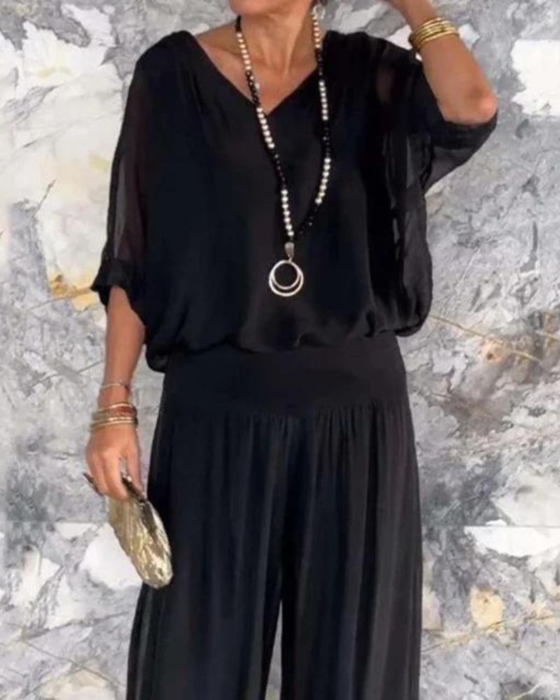 Anfisa | V Neck Wide Leg Two Piece Set