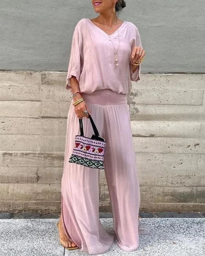 Anfisa | V Neck Wide Leg Two Piece Set
