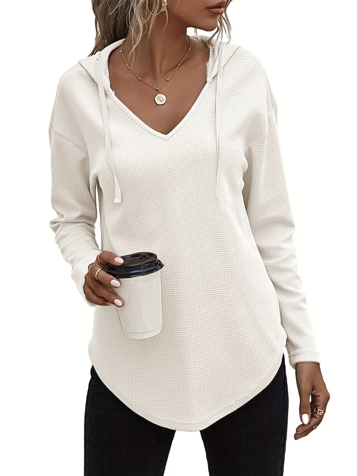 Laurette | Long Sleeve V-Neck Hoodie with Hood