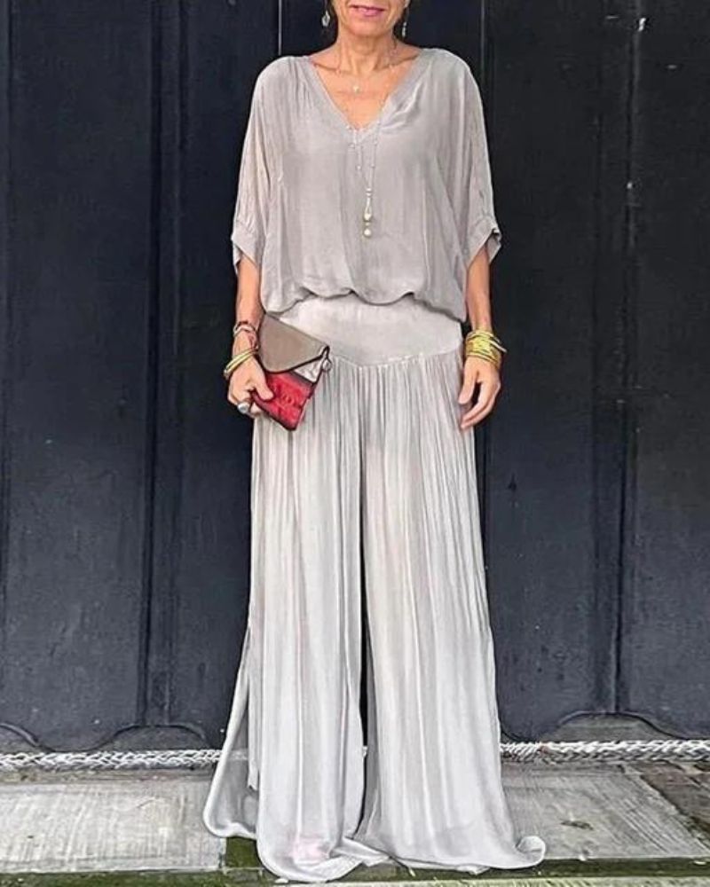 Anfisa | V Neck Wide Leg Two Piece Set
