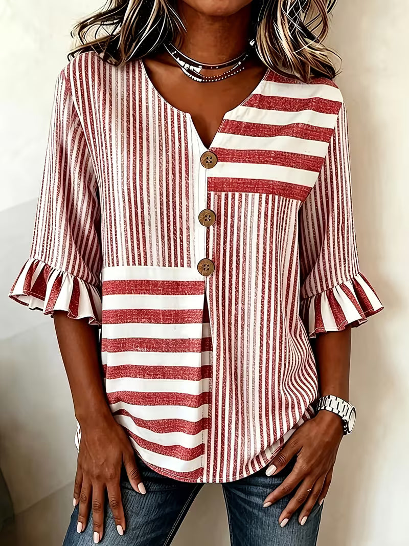 Avyra | Striped Patchwork Ruffle Sleeve Top
