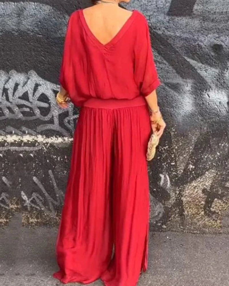 Anfisa | V Neck Wide Leg Two Piece Set