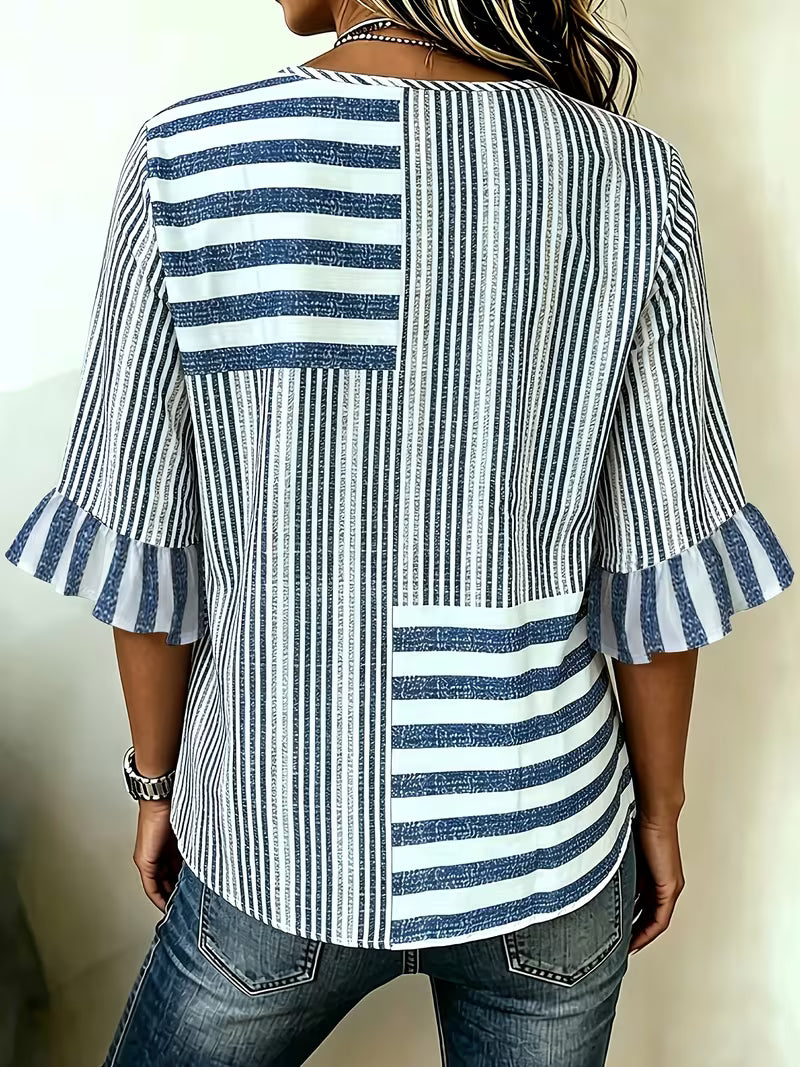 Avyra | Striped Patchwork Ruffle Sleeve Top