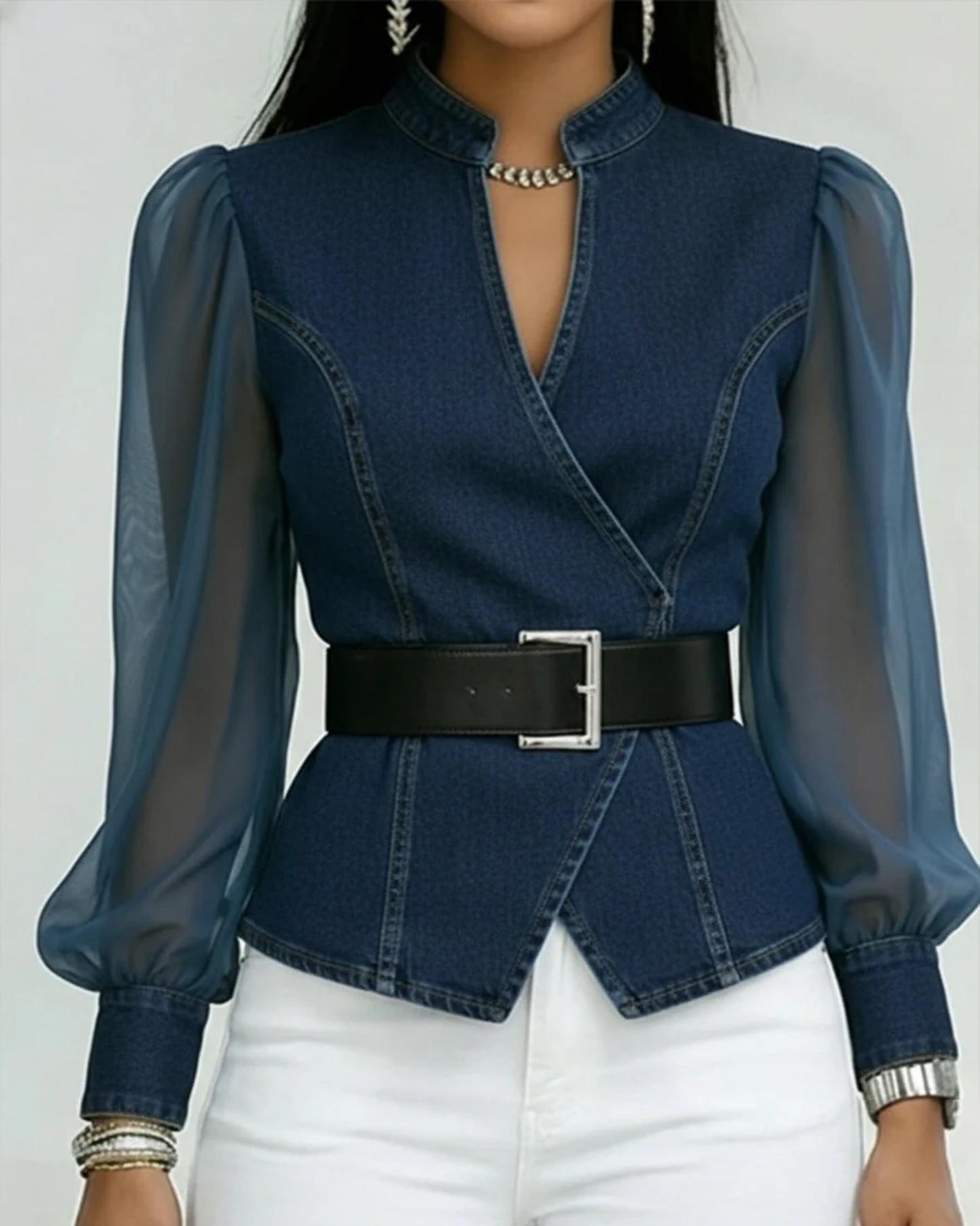 Vessa | Denim-Style Sheer Sleeve Blouse
