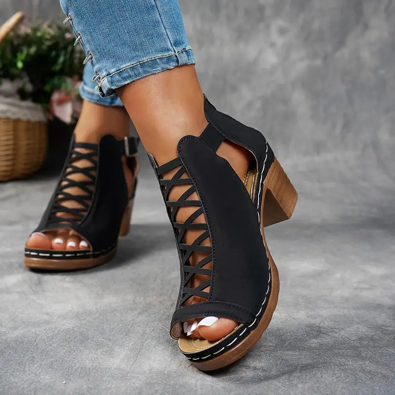 Alexia | Peep Toe Cutout Block Heel Sandals