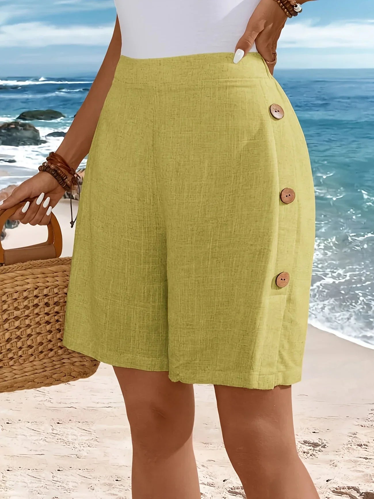Fenella | High-Waisted Button Detail Knee-Length Shorts