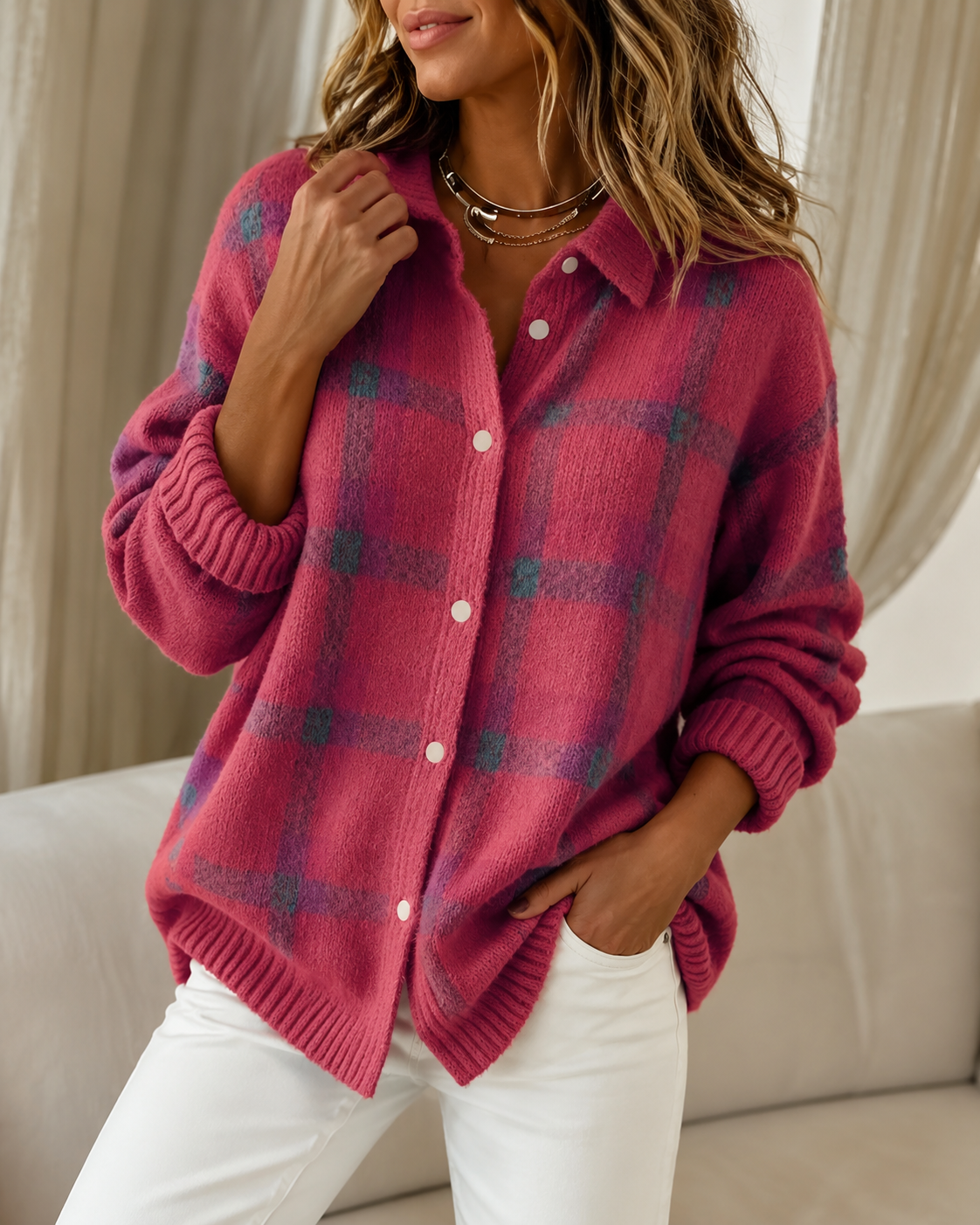 Liselotte | Cardigan With Plaid Pattern and Long Sleeves