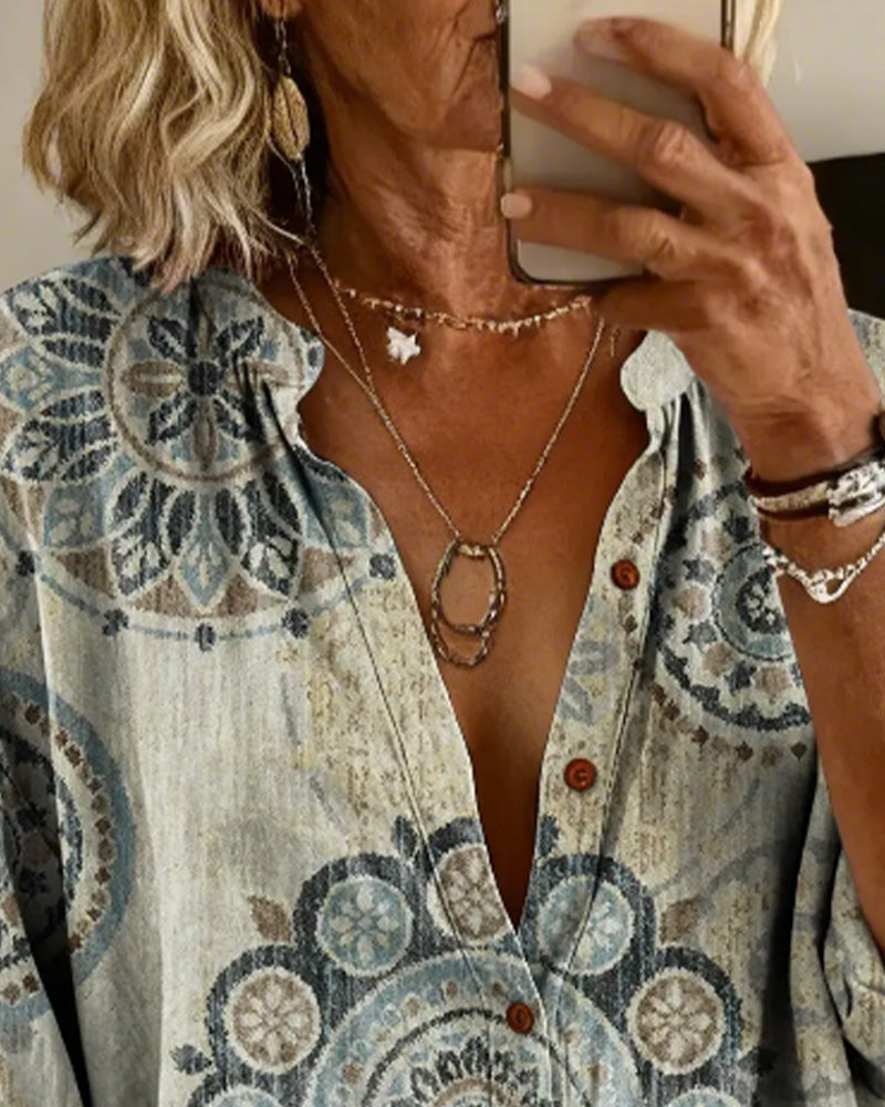 Nirita - Mandala Print Button Front Long Sleeve Shirt