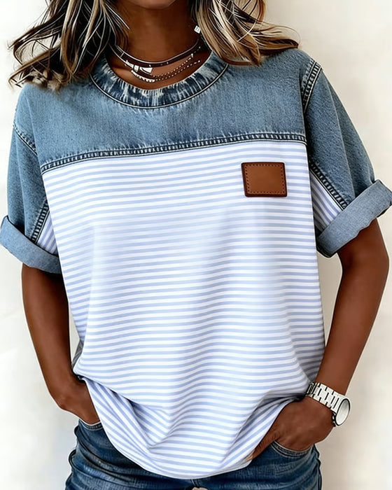 Tessie | Blouse with Denim-Style Striped Short Sleeves