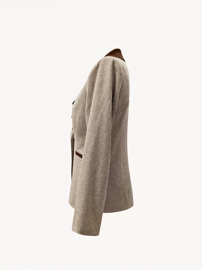 Yessica | Blazer Jacket Herringbone Notch Collar Beige
