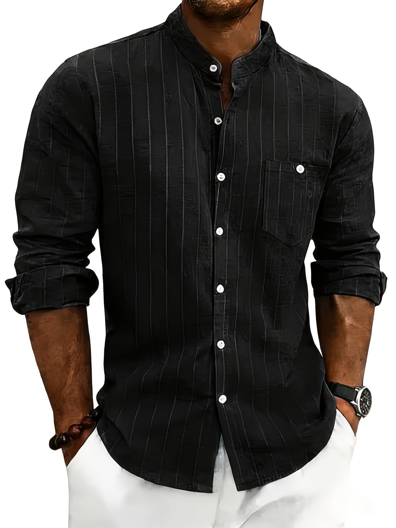 Leslie | Long Sleeve Striped Band Collar Shirt