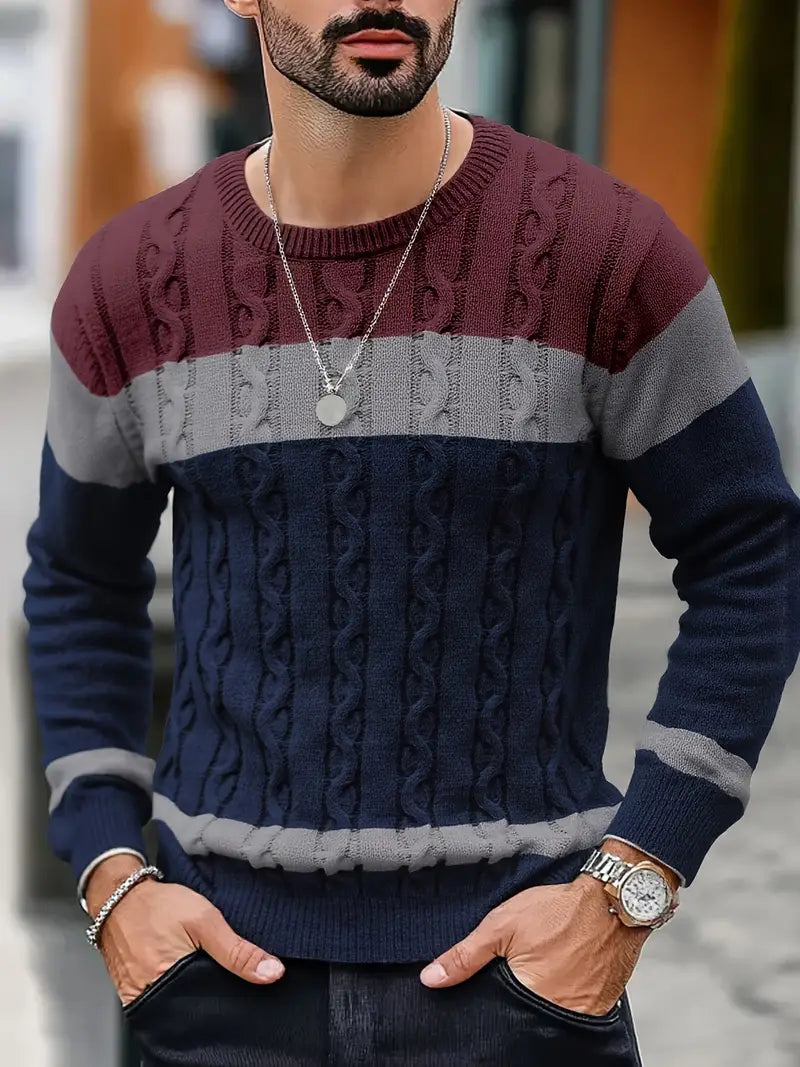 Watkins | Color Block Cable Knit Crewneck Sweater