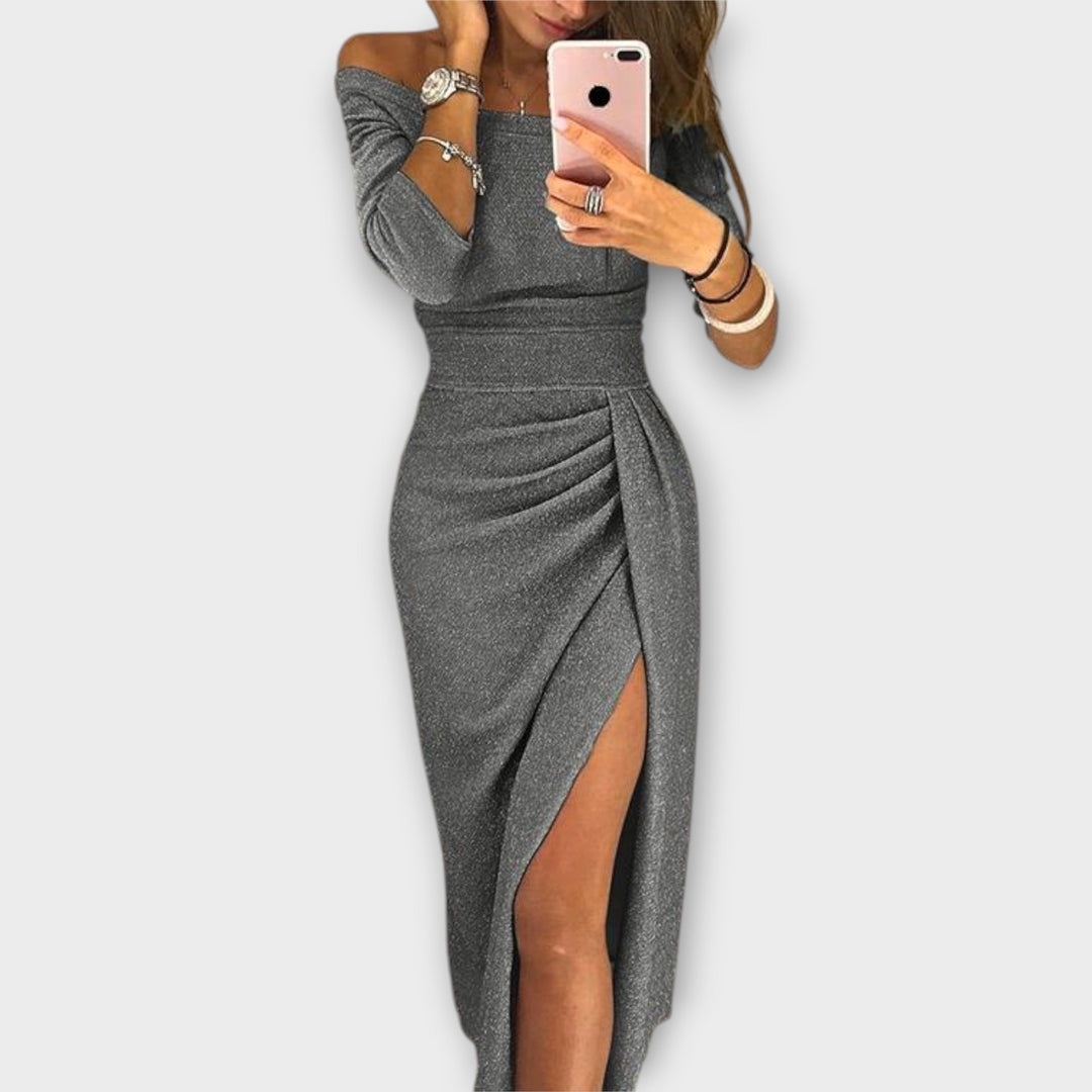 Minjee -  Off Shoulder Ruched Split Midi Dress