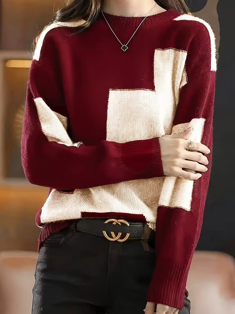 Marvelle | Color Block Crew Neck Long Sleeve Sweater