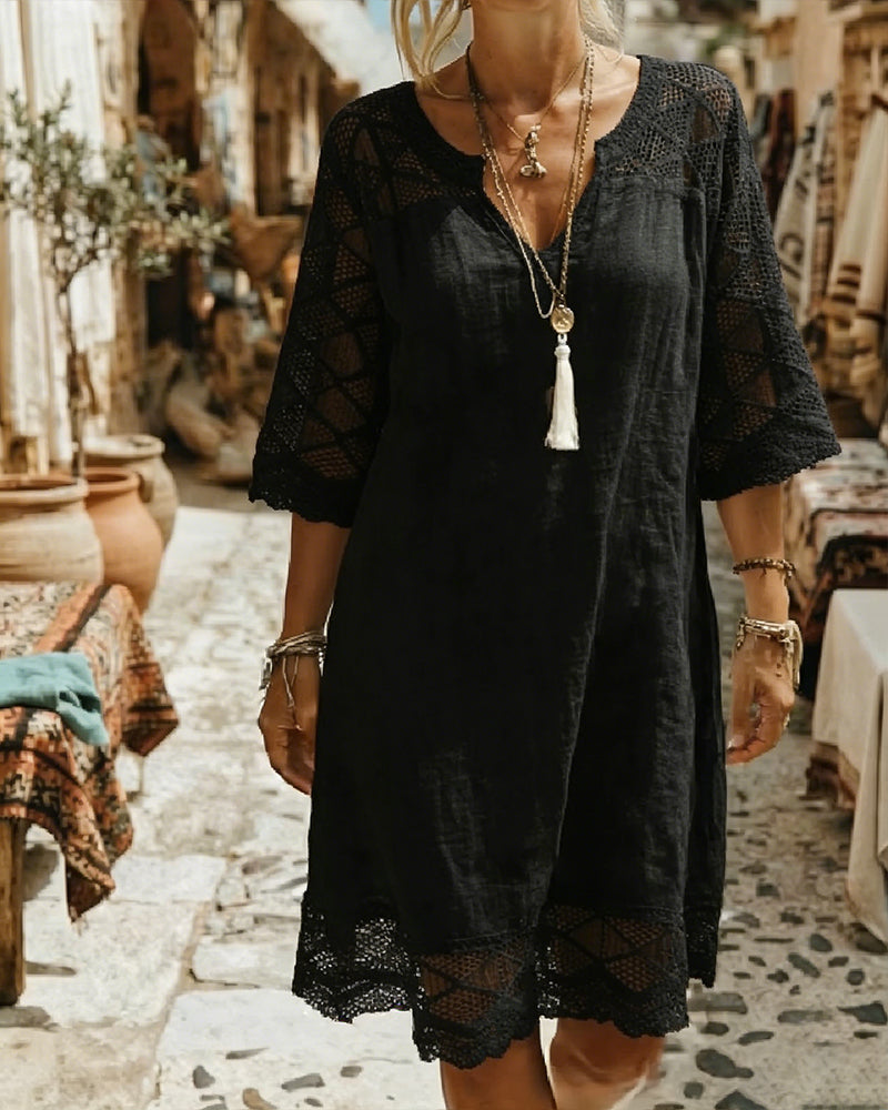 Kilina | V Neck Lace Trim Midi Dress