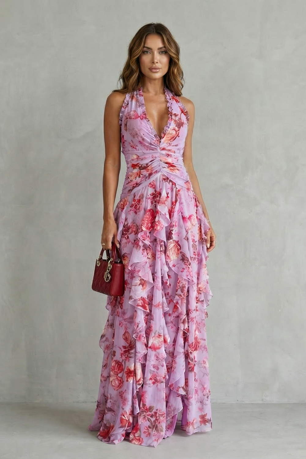Eliora | Floral Halter Neck Ruffle Maxi Dress