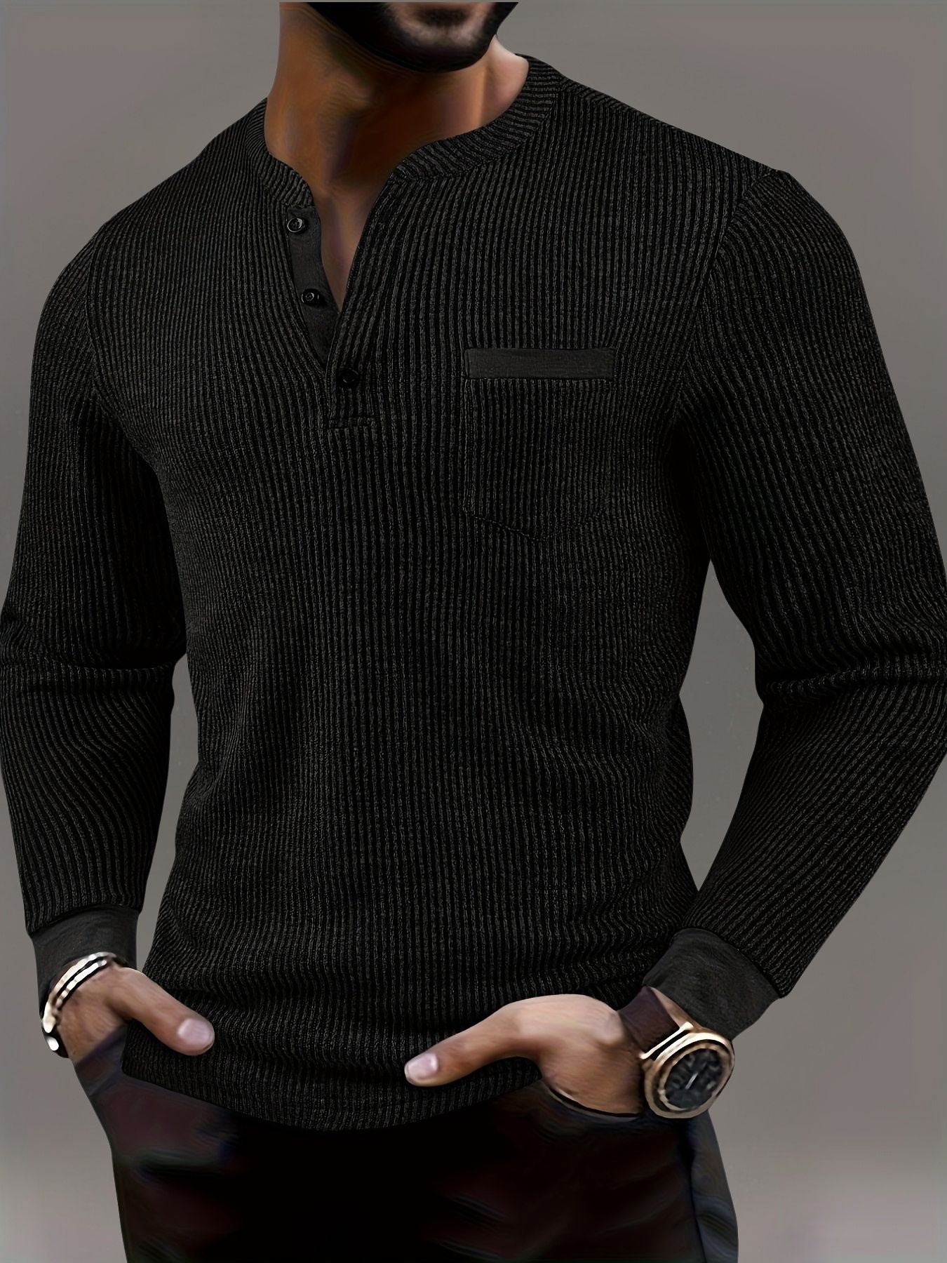 Lorcmir | Textured Striped Long Sleeve Henley Shirt