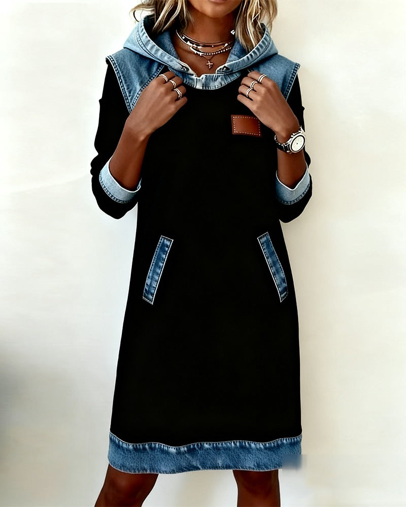 Viktoria - Hooded Denim Trim Sweatshirt Dress