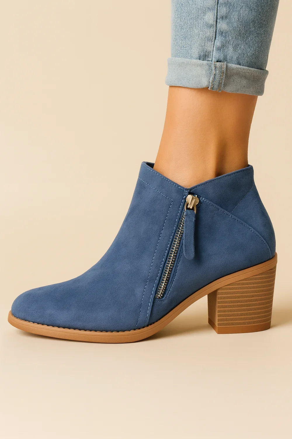 Krista | Boots Ankle Side Zip Block Heel Suede-Style