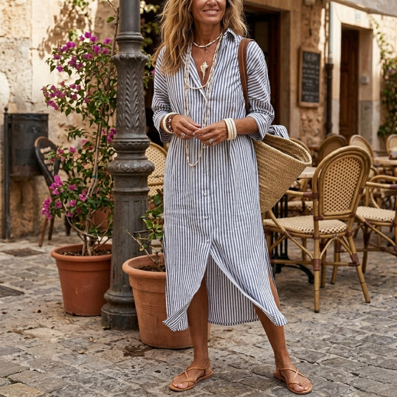 Hermien | Shirt Dress Long-Sleeve Striped Midi Style