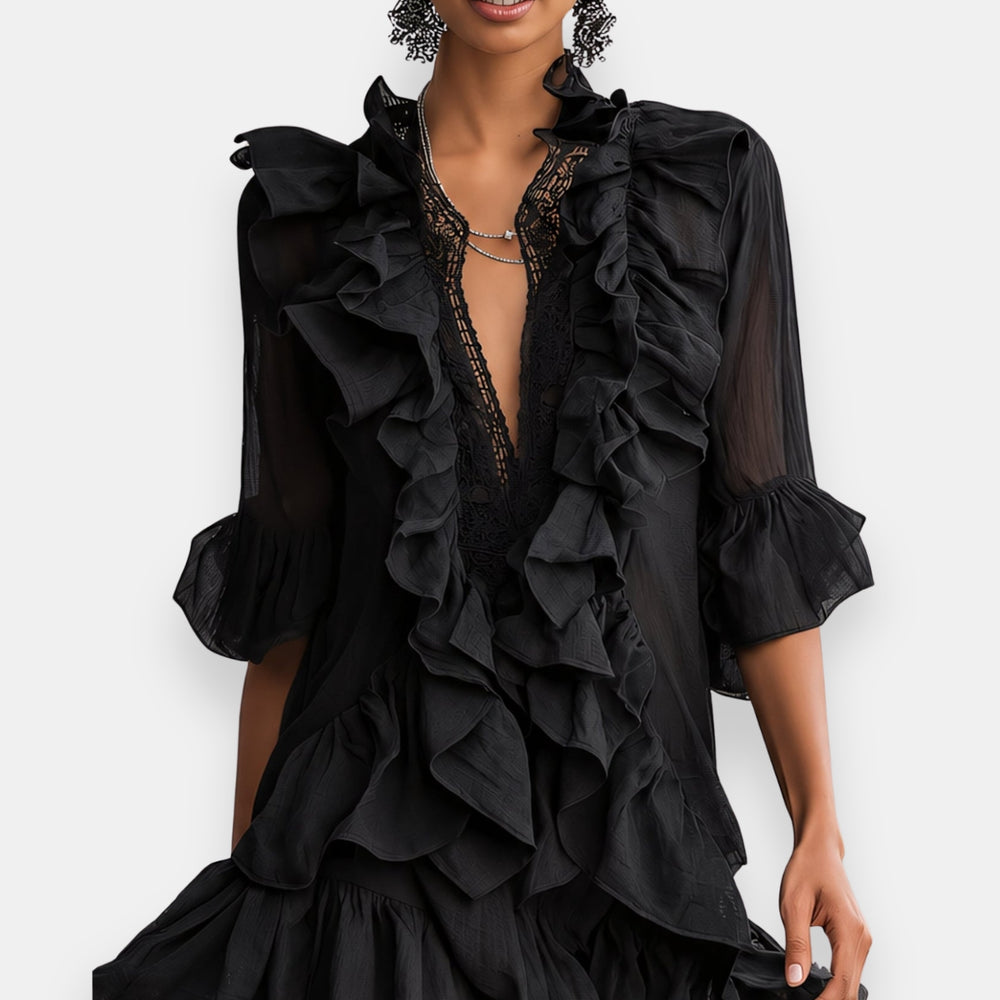 Lussina | Short Ruffle Trim V-Neck Mini Dress