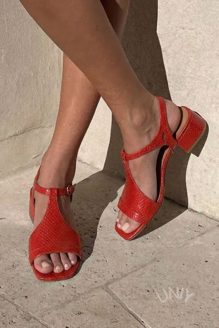 Jalecia | T Strap Square Toe Block Heel Sandals