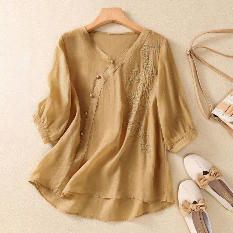 Loreen - Asymmetrical Button 3/4 Sleeve Tunic Blouse