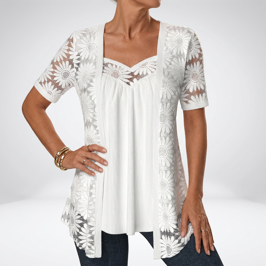 Linnia | Tunic Top White Floral Lace Overlay