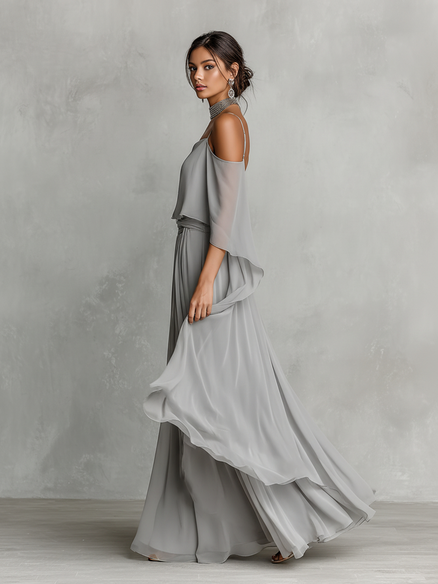 Roneeta | Gray Cold Shoulder Chiffon Set