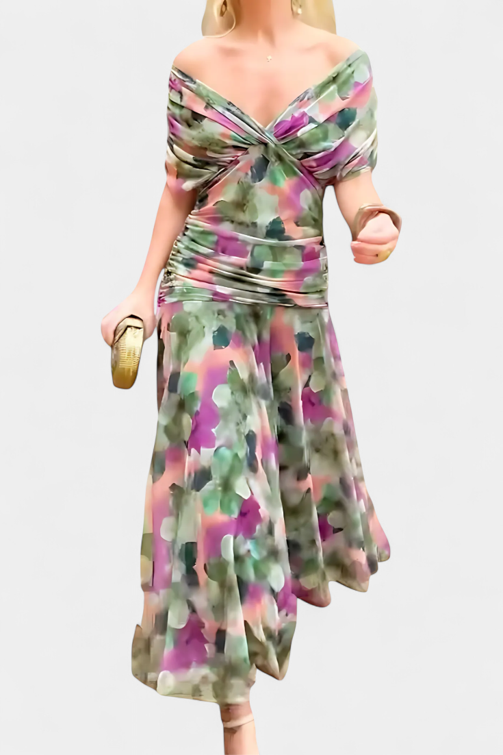 Lordanka | Off Shoulder Ruched Midi Evening Dress