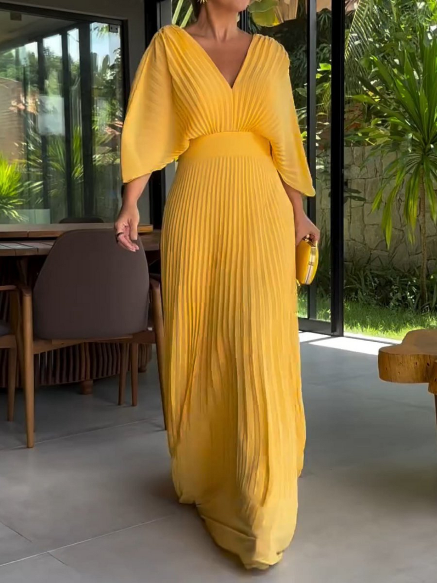 Valerija - Pleated V Neck Maxi Dress Short Sleeve