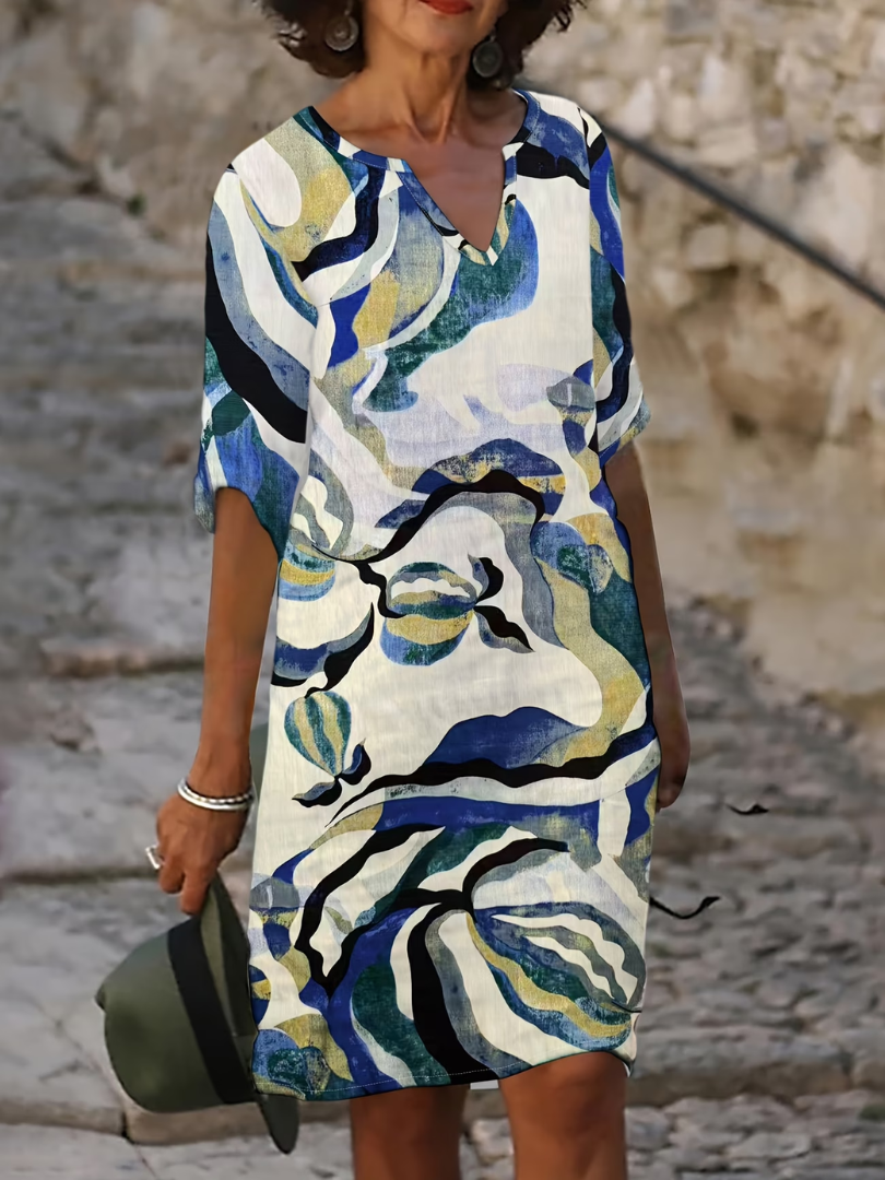 Evgeniya | Abstract Print V Neck Shift Dress