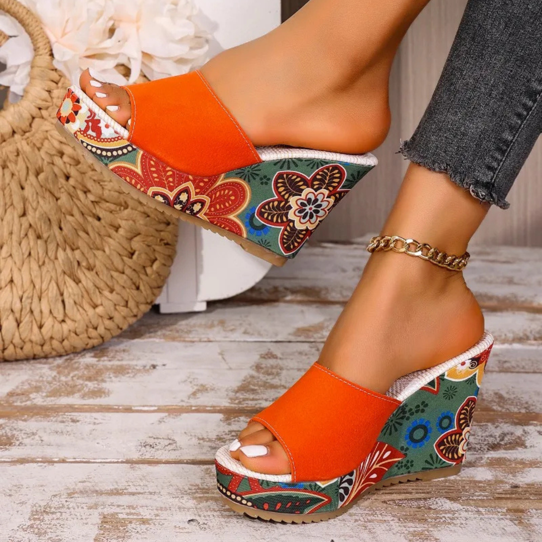 Laerke - Floral Print Platform Wedge Slide Sandals
