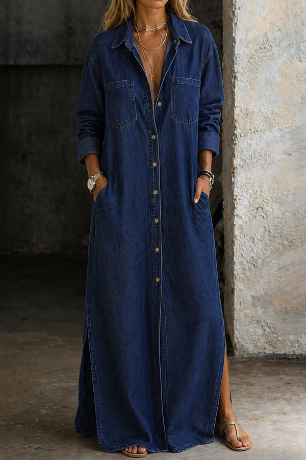 Noshina | Maxi Shirt Dress Button Front Long Sleeve