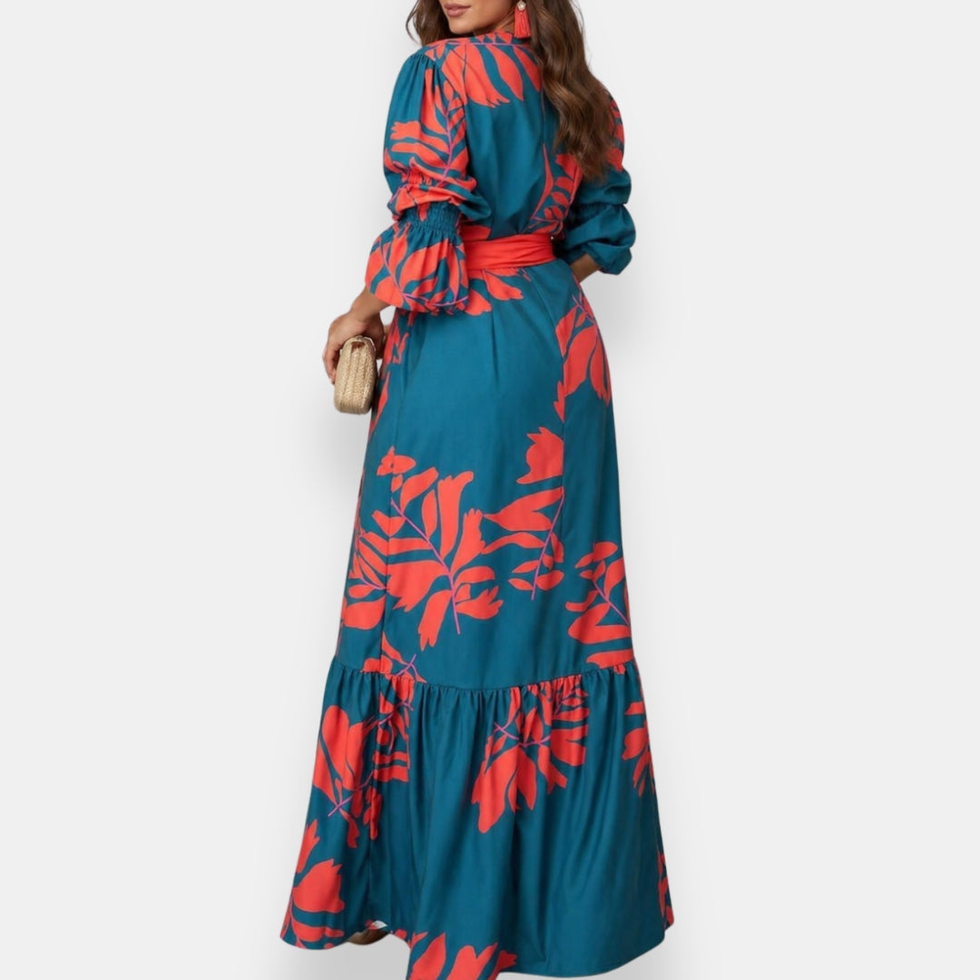 Hacire | Maxi Dress Teal Floral V-Neck Belted