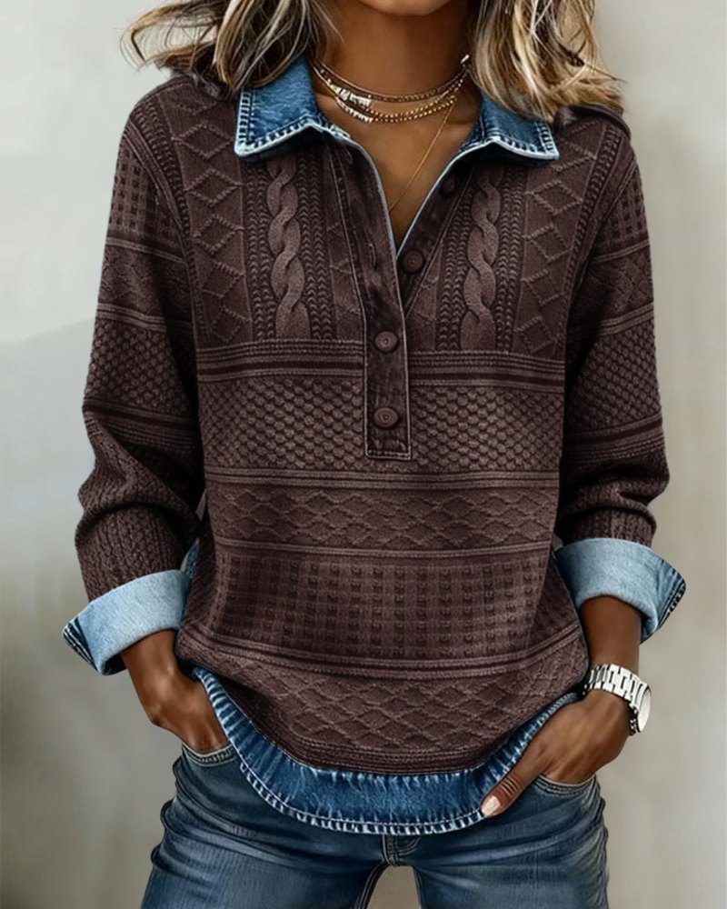 Melkorka | Cable Knit Half Button Collared Sweatshirt