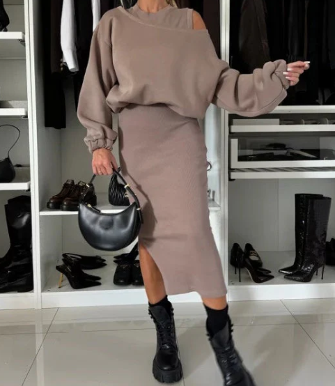 Martha | Two-Piece Cold-Shoulder Sweater Midi Skirt Set
