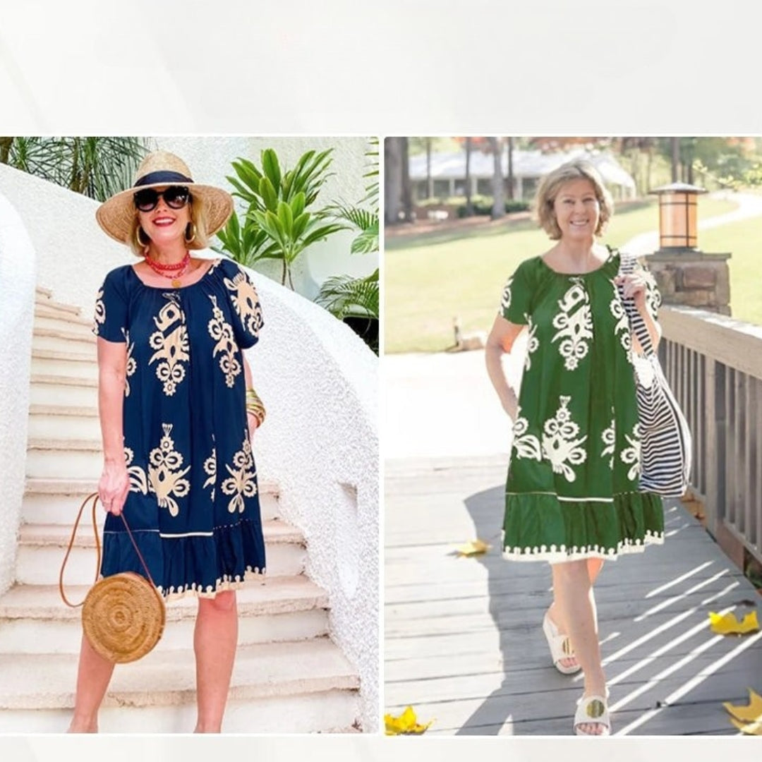 Gulfiya - Embroidered Print Round Neck Smock Dress